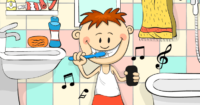 Child standing toward the sink brushing teeth with the Brush DJ App